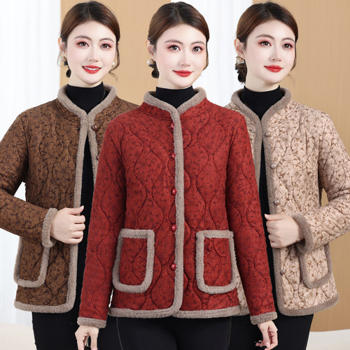 新款中老年女装立领加绒加厚棉衣