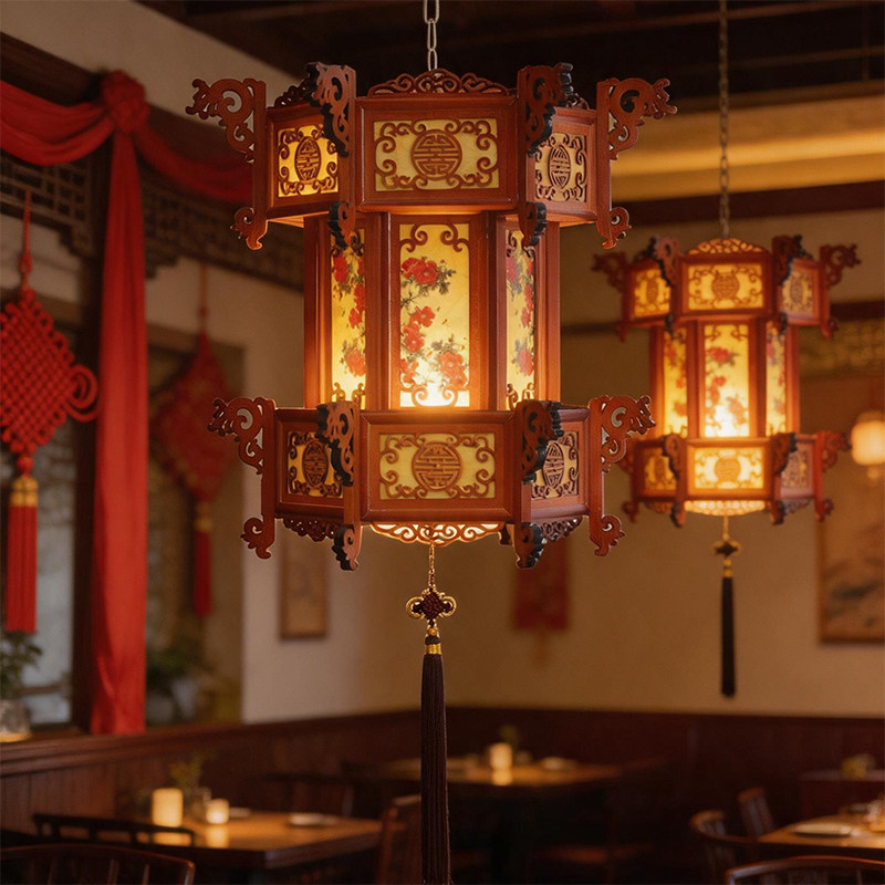 中式仿古实木羊皮宫廷吊灯复古建筑酒店寺庙长廊亭子六角灯笼宫灯