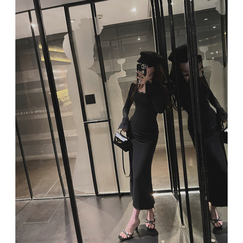 IN MIMIFACE 闪钻蕾丝拼接内搭连衣裙领修身包臀鱼尾裙长袖打底裙
