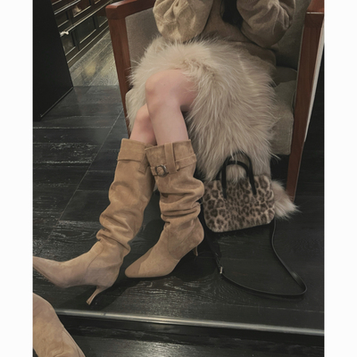 IN MIMIFACE 尖头长筒褶皱堆堆靴皮带扣绒面骑士靴新款细跟高跟鞋