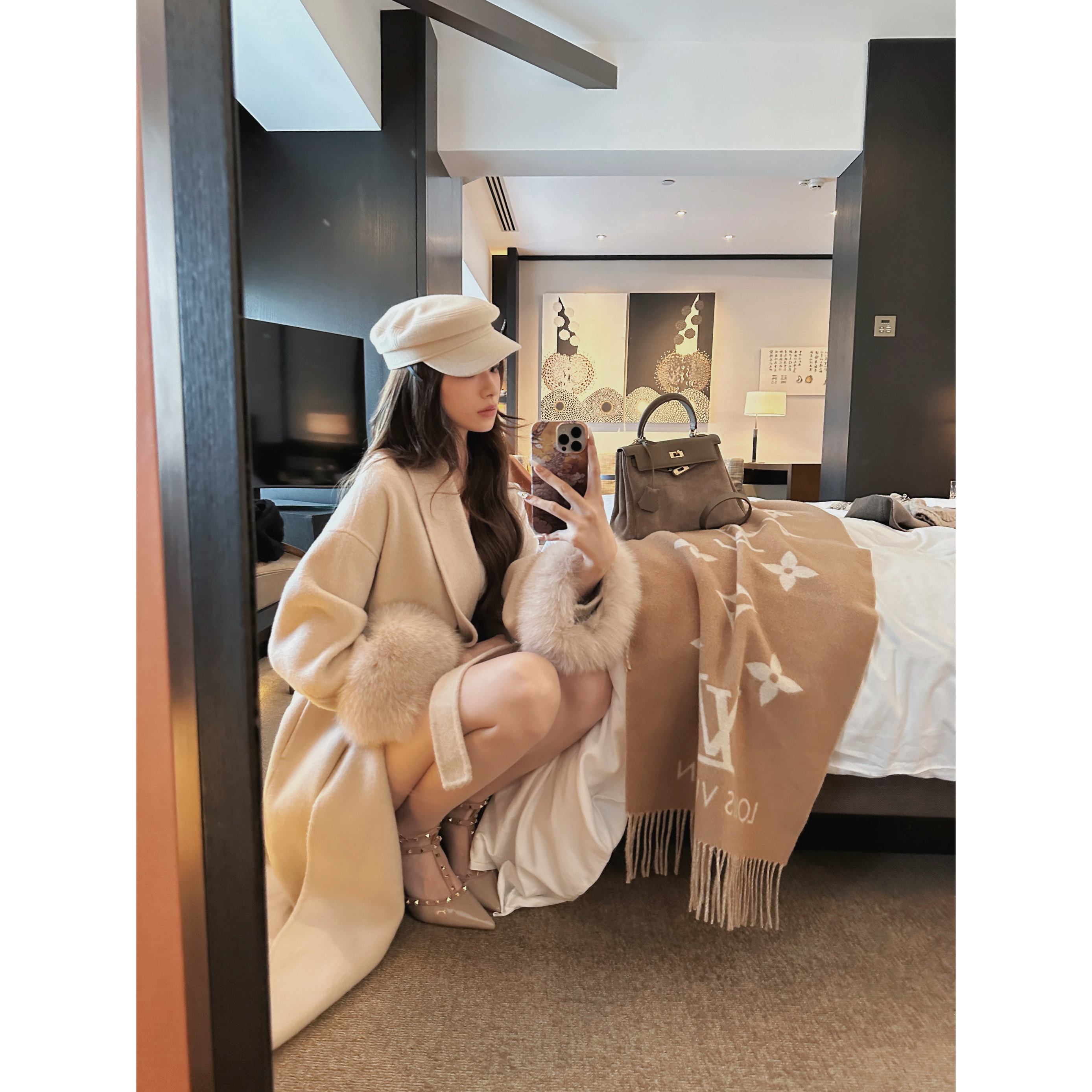 IN MIMIFACE 100绵羊毛双面呢大衣秋冬高级感毛边袖口呢子外套女