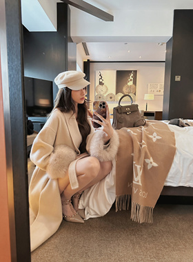 IN MIMIFACE 100绵羊毛双面呢大衣秋冬高级感毛边袖口呢子外套女