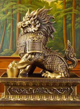 纯黄铜麒麟公母一对摆件聚财纳福麒麟客厅玄关家居办公桌面