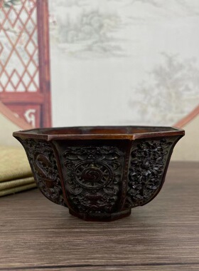 吉祥八宝碗古玩收藏杂项黄铜大清仿古乾隆年制麒麟聚宝盆家居