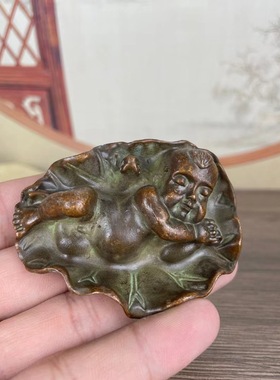 古玩仿古铜荷叶娃娃童子香插摆件家居桌面装饰摆件做工精细