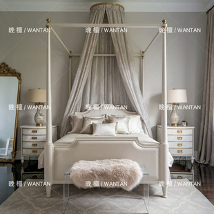 晚檀法式复古实木雕花床欧式别墅公主床主卧四柱床双人床帷幔床