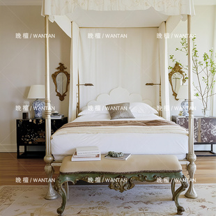 晚檀法式复古实木柱子床欧式复古风公主床帷幔床主卧双人床罗马柱