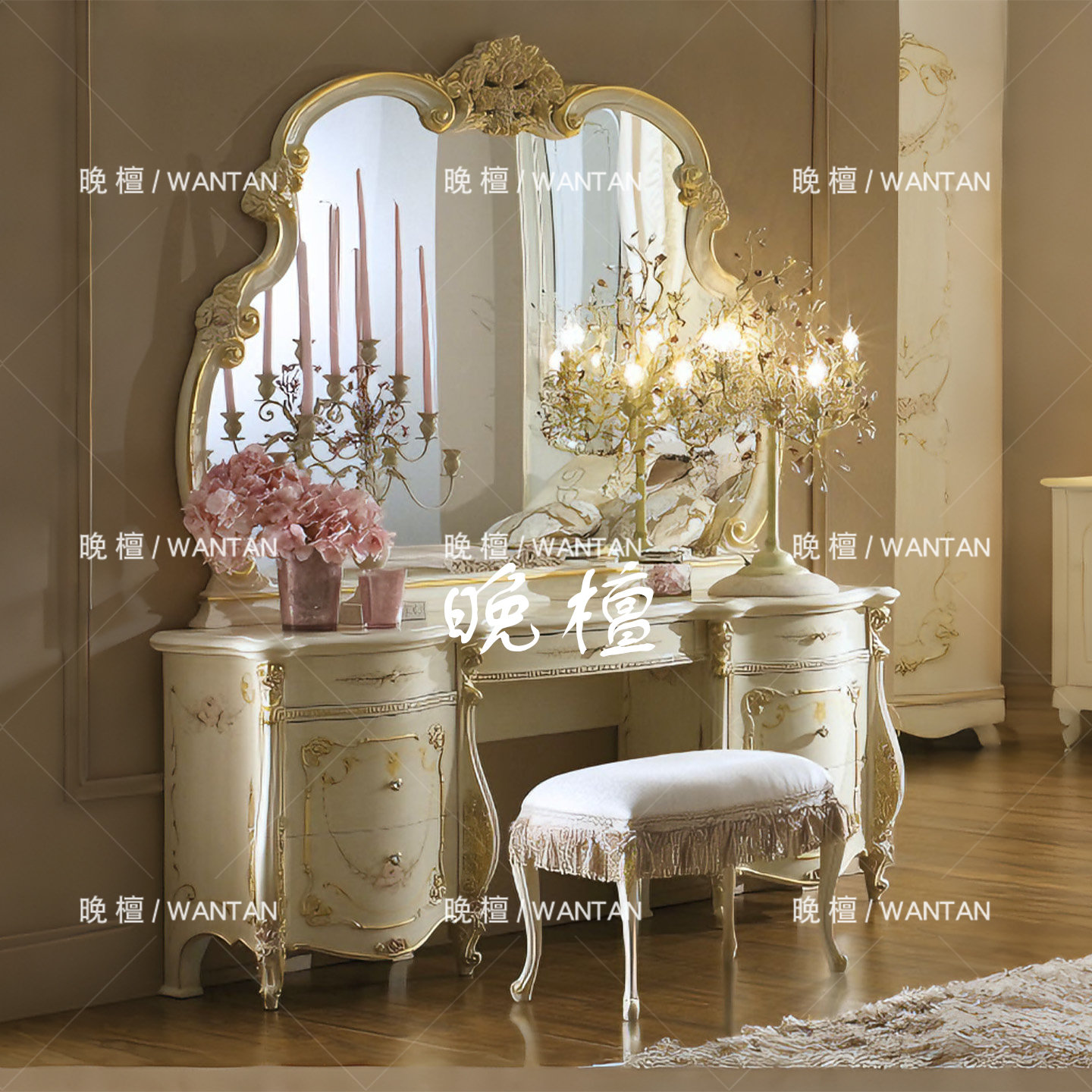 晚檀 法式复古梳妆台带妆镜 雕花实木化妆桌带斗柜 卧室家具定制,住宅家具,梳妆台/桌,淘宝优惠券,粉丝福利购,淘宝优惠卷
