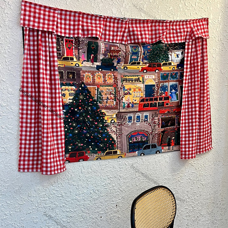 圣诞夜城市风景挂毯壁毯魔术贴窗帘格纹手工装饰布艺画圣诞树壁挂,居家布艺,挂毯/壁毯,淘宝优惠券,粉丝福利购,淘宝优惠卷