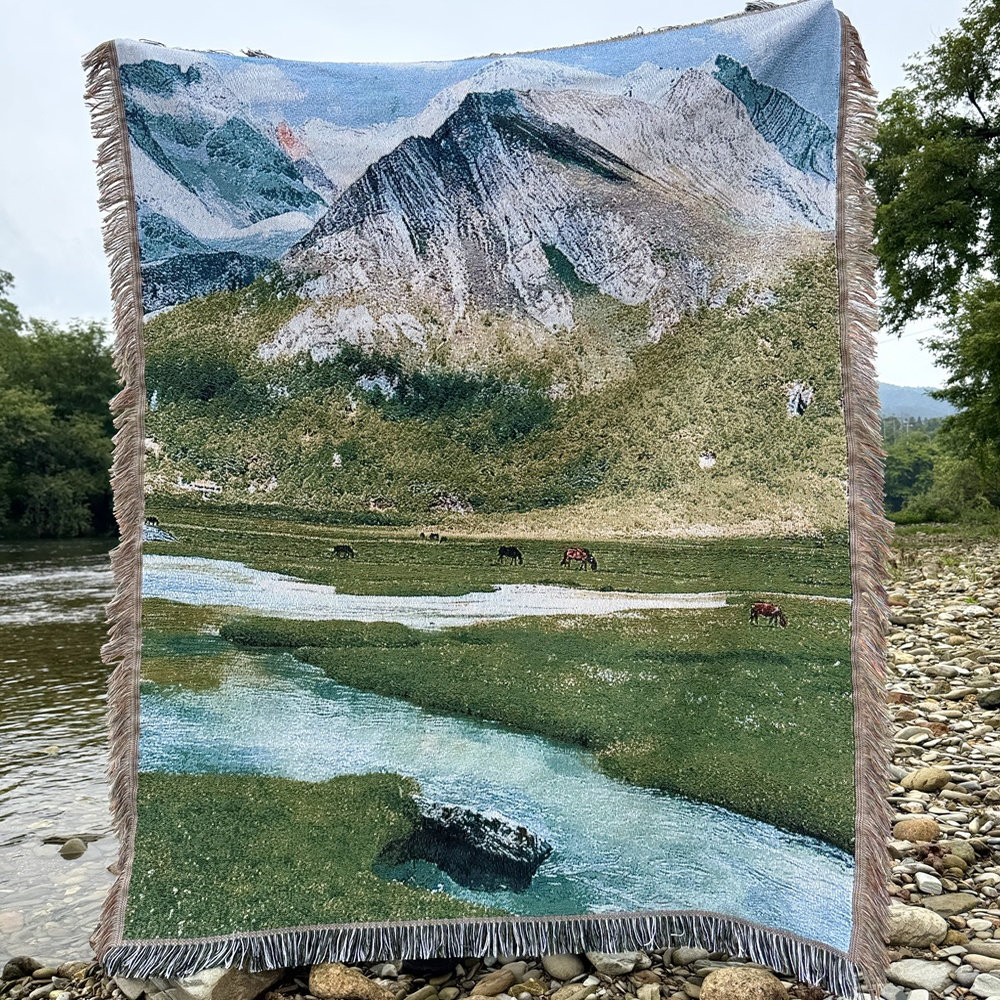川西 雪山草地风景挂毯 民宿装饰壁毯沙发巾 可diy挂毯画上墙
