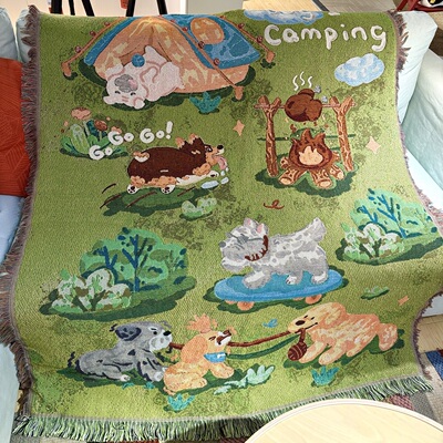 露营小狗棉线梭织毯子挂毯