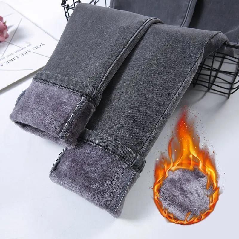 高腰加绒加厚牛仔保暖棉裤