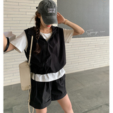 时尚休闲T恤马甲运动套装女夏2025新款小个子百搭显瘦短裤三件套，女装套装/套裙，两个王小姐