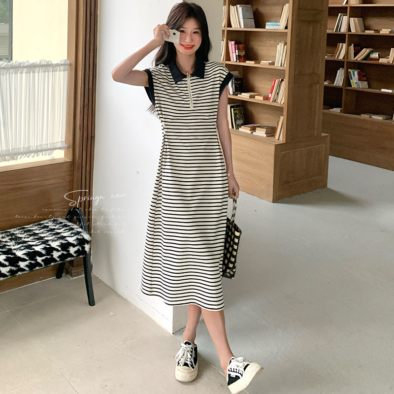 韩系撞色条纹掐腰连衣裙女2025新款夏日学院风休闲百搭polo领长裙,女装连衣裙,两个王小姐