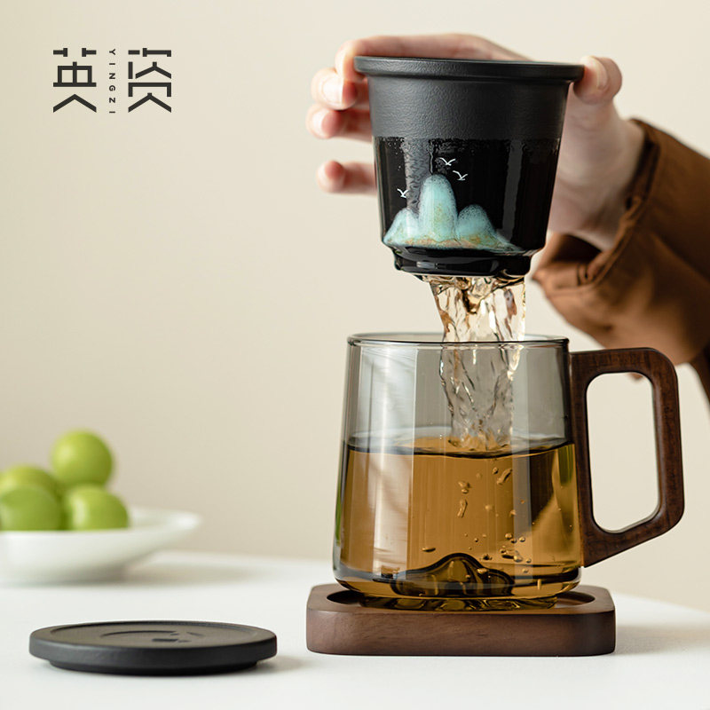 英资雁飞山玻璃泡茶杯陶瓷内胆茶水分离杯过滤杯子办公室水杯个人