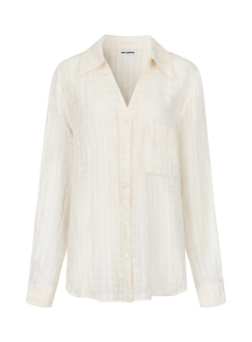 MHV ARCHIVE 25新款亚麻格纹微透米白色女士宽松V领衬衫