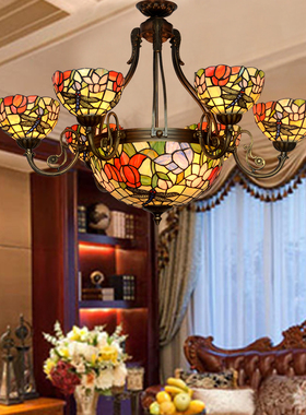 【蜻蜓荷花】 帝凡尼美式复古客餐厅纯手工艺术6+1开枝形吊灯壁灯