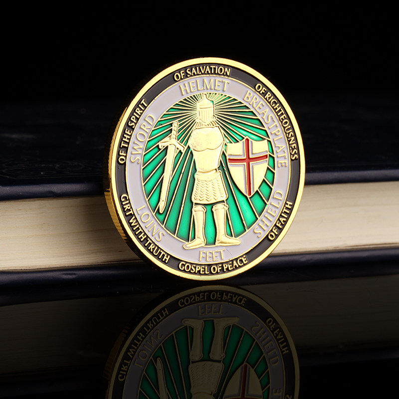 勇士铠甲绿盾幸运守护币头盔盾牌持剑挑战币浮雕彩色烤漆装饰硬币