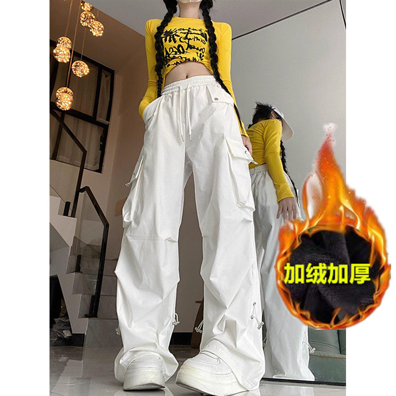 薄/加绒白色工装裤女辣妹美式hiphop潮牌高街嘻哈宽松休闲运动裤