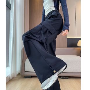 黑色大口袋工装裤女美式酷飒风抽绳束脚两穿休闲窄版直筒运动裤潮