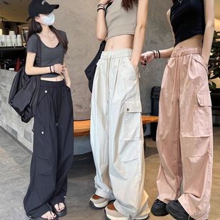 小个子口袋工装 女新款 美式 裤 韩版 ins复古高腰宽松显瘦休闲运动裤