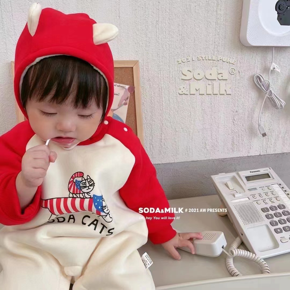 苏打牛奶秋冬婴儿加绒加厚保暖外出服贴身爬服连体衣宝宝分体套装