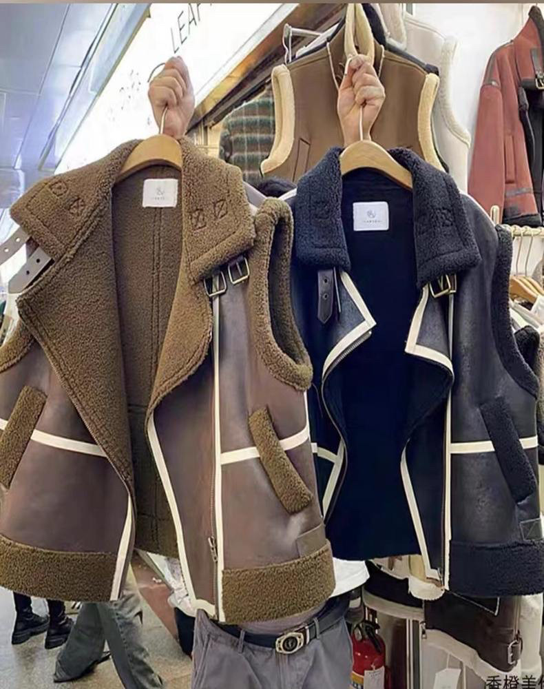 2025年新款机车服高级感加绒加厚马夹皮毛一体仿羊羔毛马甲外套女