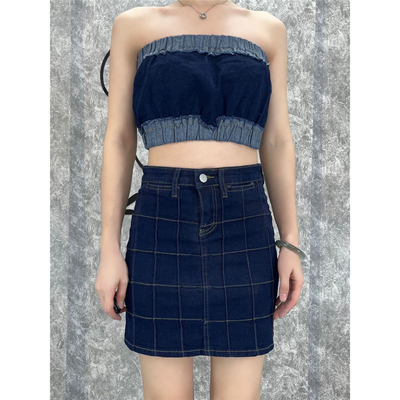 0995#夏季韩版藏蓝色格子半身裙女短款设计感小众复古a版牛仔裙潮