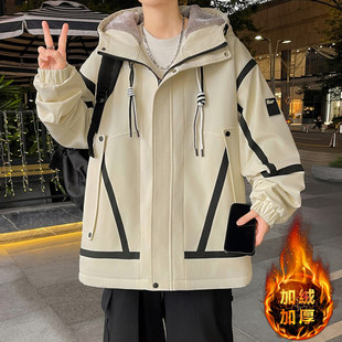 帅气学生加绒加厚外套冲锋衣潮 连帽夹克男士 2025新款 青少年秋冬款