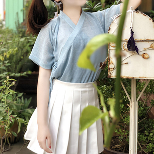 白霓青阙灰蓝色女交领汉服半臂单品上衣原创日常时尚方便纯色夏