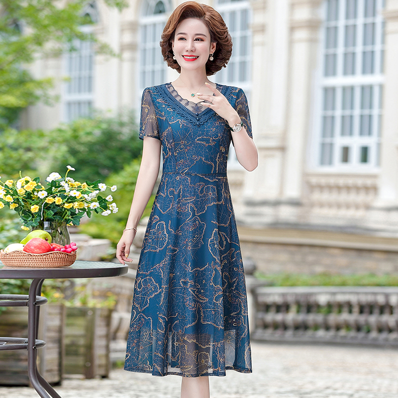 中老年女短袖连衣裙2025新款中年女洋气长裙50岁妈妈夏装雪纺裙子