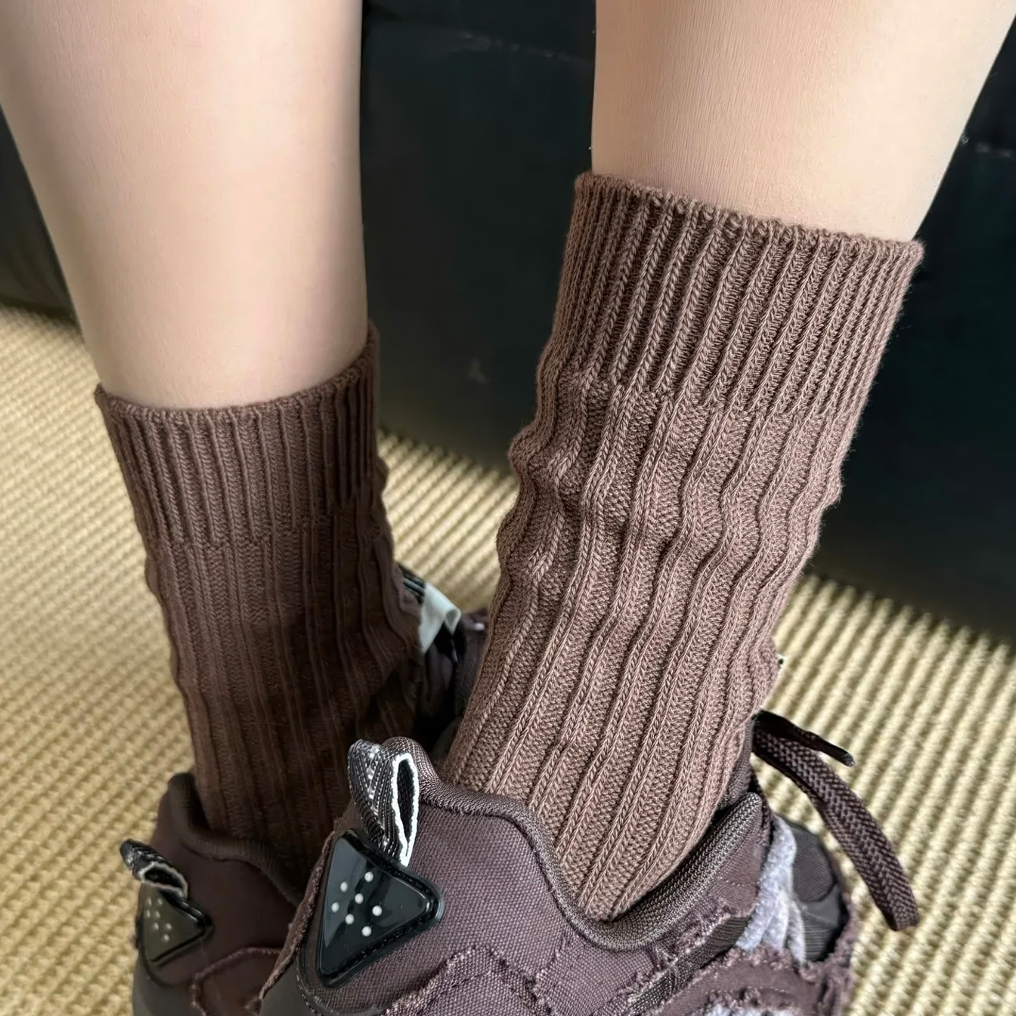 勃肯鞋袜子女日系粗线堆堆袜咖色针织毛线中筒袜潮网红款秋冬长袜