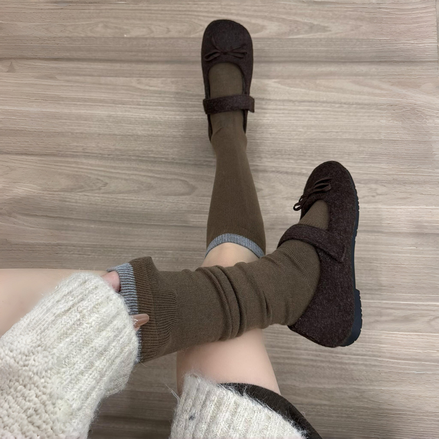 日系袜子女羊毛保暖小腿袜秋冬加厚加绒显瘦撞色小皮鞋及膝长筒袜