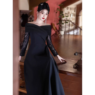 黑色晚礼服女高级感一字肩气质简约声乐艺考主持人年会显瘦连衣裙