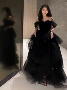 黑色一字肩晚礼服裙女高端轻奢小众艺考毕业成人礼法式蓬蓬纱气质