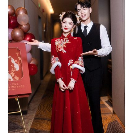 冬季敬酒服新娘加绒2025新款中式旗袍红色结婚礼服裙女高级感长袖