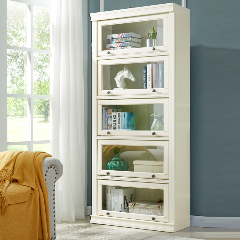 美式实木书柜储物柜一体整墙带柜门置物书架儿童家用落地防尘书橱
