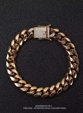 欧美潮流钛钢镶钻古巴手链项链