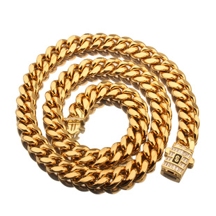 欧美镀金满钻扣头古巴钛钢项链男款潮流嘻哈高级感时尚锁骨链配饰