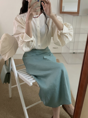 【omelet】韩版棉质圆领侧褶简约气质衬衫