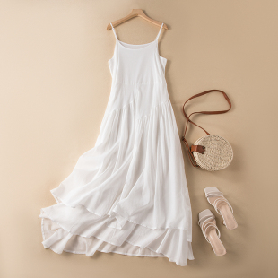 成人女夏季仙气飘逸长款不规则大摆吊带裙显瘦背心打底连衣裙白裙