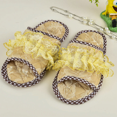 四季居家木地板静音拖鞋布艺家用室内蕾丝布无声软底布底女