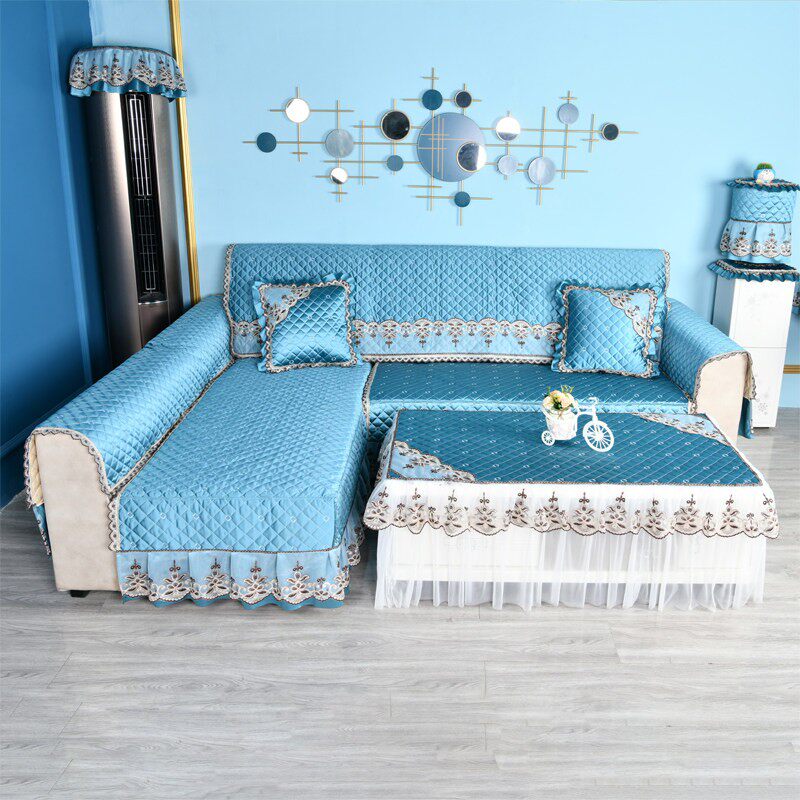 欧式沙发套定制全盖蓝色盖布艺贵妃沙发坐垫防滑靠背垫纯色盖巾式