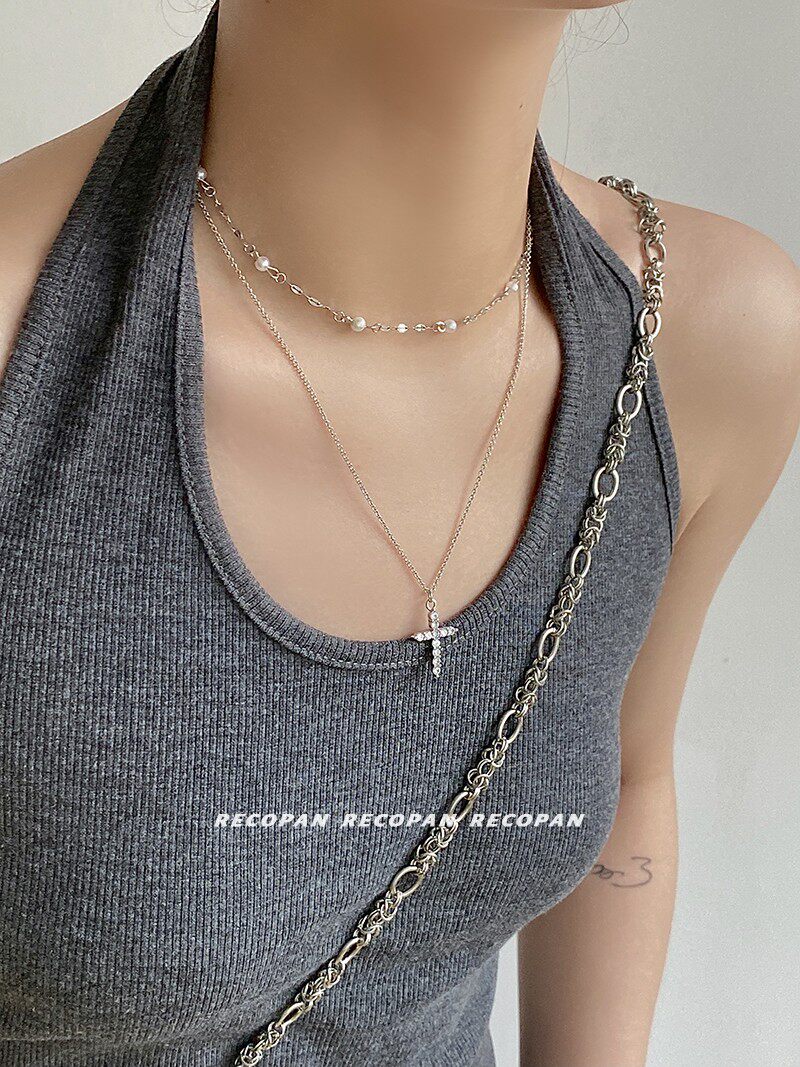 recopan 爱与救赎/ 自制中性冷淡风十字架珍珠双层叠戴锁骨链项链