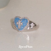 RecoPan蓝色伊甸 原创设计镀真白金蓝松石十字架蕾丝时尚 小众戒指