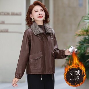 外套妈妈装 皮衣女短款 加绒小个子夹克中老年a09皮外套 新款 w77春季