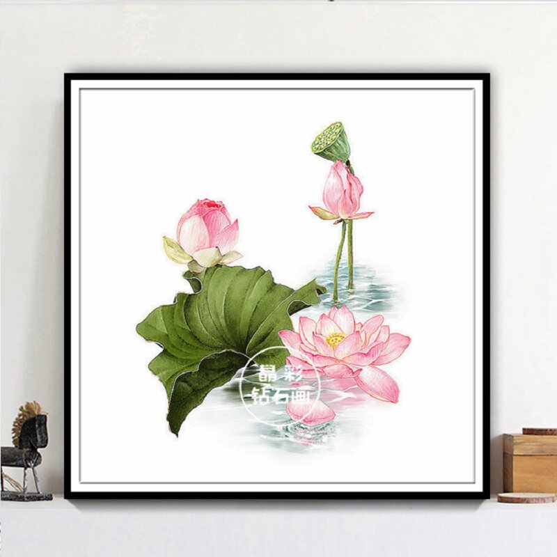 5D新中式客厅餐厅荷花圆钻点钻十字绣2021新款满钻清新荷韵钻石画