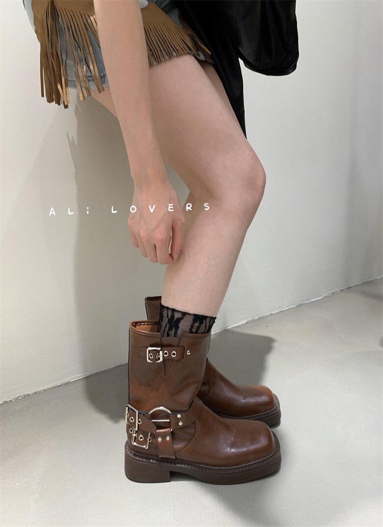 韩版厚底粗跟中筒靴子马丁靴女2马丁靴