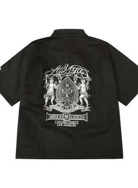 美式西海岸奇卡诺宽松休闲无性别个性扑克印花短袖衬衣多口袋衬衫