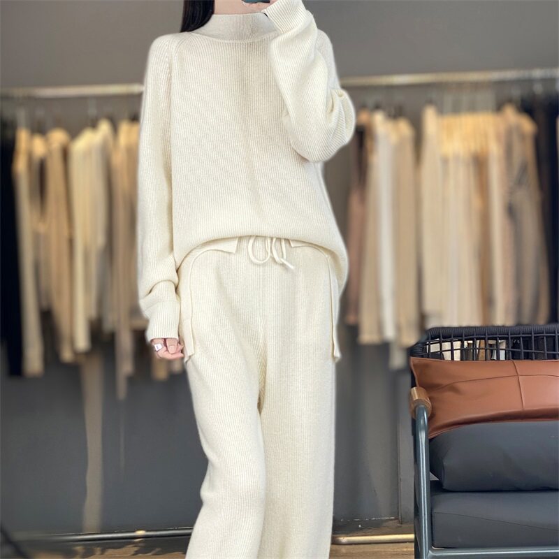 WZ865极简高级感!秋冬女100%羊毛针织两件套 元宝针前短后长套装